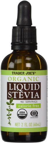 Trader Joe's stevia líquida orgánica botella frontal que muestra etiqueta clara y tamaño práctico