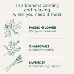Traditional Medicinals pila de hierbas secas (manzanilla, lavanda, menta) que ilustra ingredientes