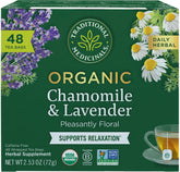 Traditional Medicinals caja frontal mostrando manzanilla y lavanda y beneficios relajantes