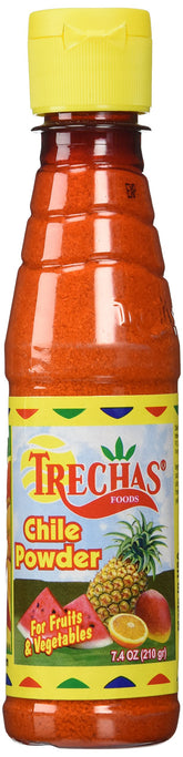 Trechas Foods frasco frontal mostrando etiqueta y color rojizo del chile en polvo para cocinar