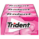 Trident bubblegum pack frontal mostrando 12 paquetes y 168 piezas, conveniencia inmediata