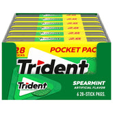 Trident frente del empaque mostrando 6 estuches, fácil almacenamiento