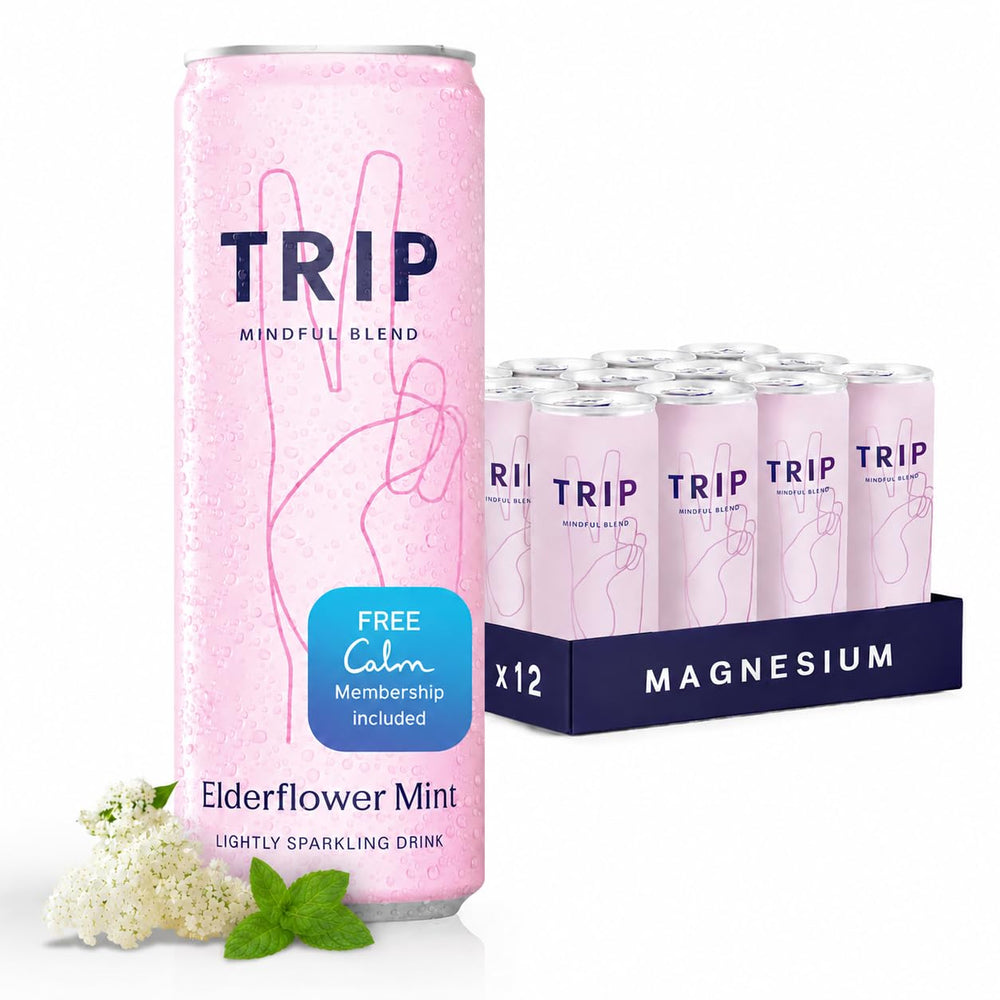 TRIP lata frontal Elderflower Mint mostrando diseño y beneficio refrescante