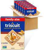 Triscuit caja frontal ajo asado mostrando tamaño familiar y conveniencia