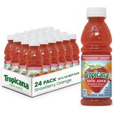 Tropicana frontal del paquete naranja y fresa mostrando botellas y mezcla de frutas