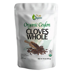 True Organic bolsa frontal de 1 lb mostrando clavos enteros y beneficio de frescura