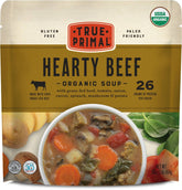 True Primal lata frontal de Hearty Beef mostrando presentación y conveniencia