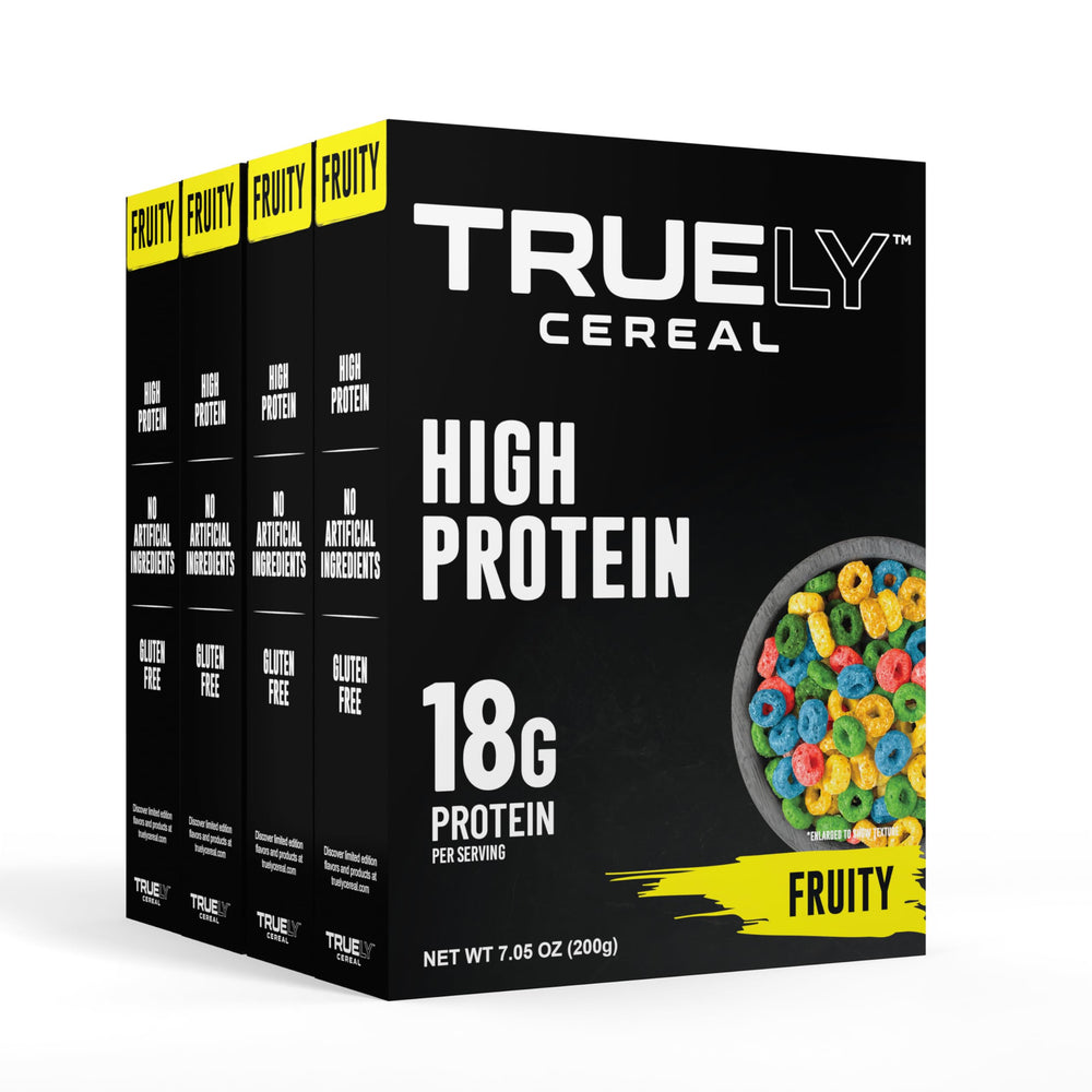 Truely Cereal frontal del paquete mostrando información de proteína y bajo azúcar