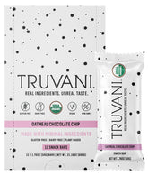 Truvani envase frontal Oatmeal Chocolate Chip mostrando certificación orgánica y beneficios