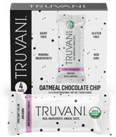 Truvani paquete frontal Oatmeal Chocolate Chip mostrando certificaciones orgánicas y beneficios