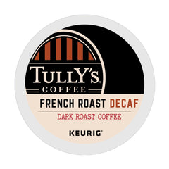 TULLY'S cápsula K-Cup frente mostrando pack y sabor intenso sin cafeína