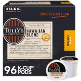 TULLY'S empaque frontal de Hawaiian Blend mostrando 96 cápsulas y conveniencia