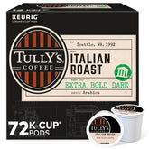 TULLY'S caja frontal de Italian Roast mostrando 72 cápsulas y beneficio conveniencia