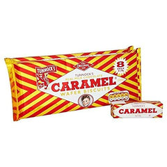Tunnock's barra abierta que revela caramelo y oblea, demostrando textura crujiente