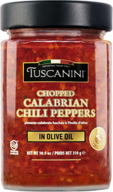Tuscanini frasco frontal mostrando pimientos rojos en aceite, apariencia fresca