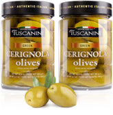 Tuscanini tarro frontal con aceitunas Cerignola jumbo, presentación apetitosa