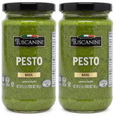 Tuscanini pesto frasco frontal mostrando etiqueta y vidrio, realza presentación
