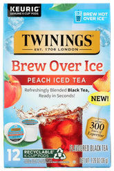 Twinings caja frontal de Brew Over Ice sabor durazno mostrando el diseño y cantidad