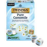 Twinings caja frontal de K-Cups de manzanilla mostrando 24 cápsulas y conveniencia