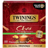 Twinings caja frontal de chai descafeinado mostrando 100 bolsitas y conveniencia