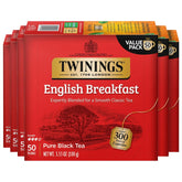 Twinings caja frontal mostrando English Breakfast y cantidad, ofrece conveniencia