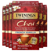 Twinings paquete frontal mostrando 120 bolsitas y sabor vainilla chai, conveniencia