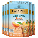 Twinings empaque frontal mostrando 6 paquetes y marcas claro sabor durazno