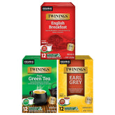 Twinings frontal caja K-Cup variedad mostrando marcas y beneficios convenientes
