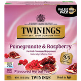 Twinings paquete frontal granada y frambuesa mostrando 100 bolsitas y conveniencia