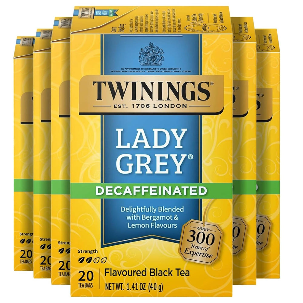 Twinings caja frontal con diseño y descripción del té descafeinado