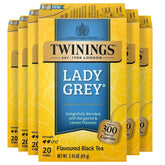 Twinings Lady Grey frente del empaque mostrando cajas y marca, conveniencia