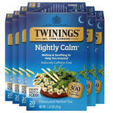 Twinings Nightly Calm frente del empaque mostrando la caja y el diseño relajante