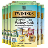 Twinings pack frente mostrando los seis paquetes y variedad de sabores, conveniencia inmediata