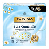 Twinings Pure Camomile caja frontal mostrando 100 bolsitas y beneficio de conservación