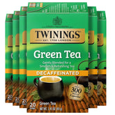 Twinings paquete frontal de té verde descafeinado mostrando 20 bolsitas y marca