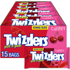 Twizzlers embalaje frontal mostrando caja con 15 paquetes, conveniencia
