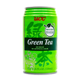 UCC lata frontal del pack de té verde mostrando el diseño y tamaño