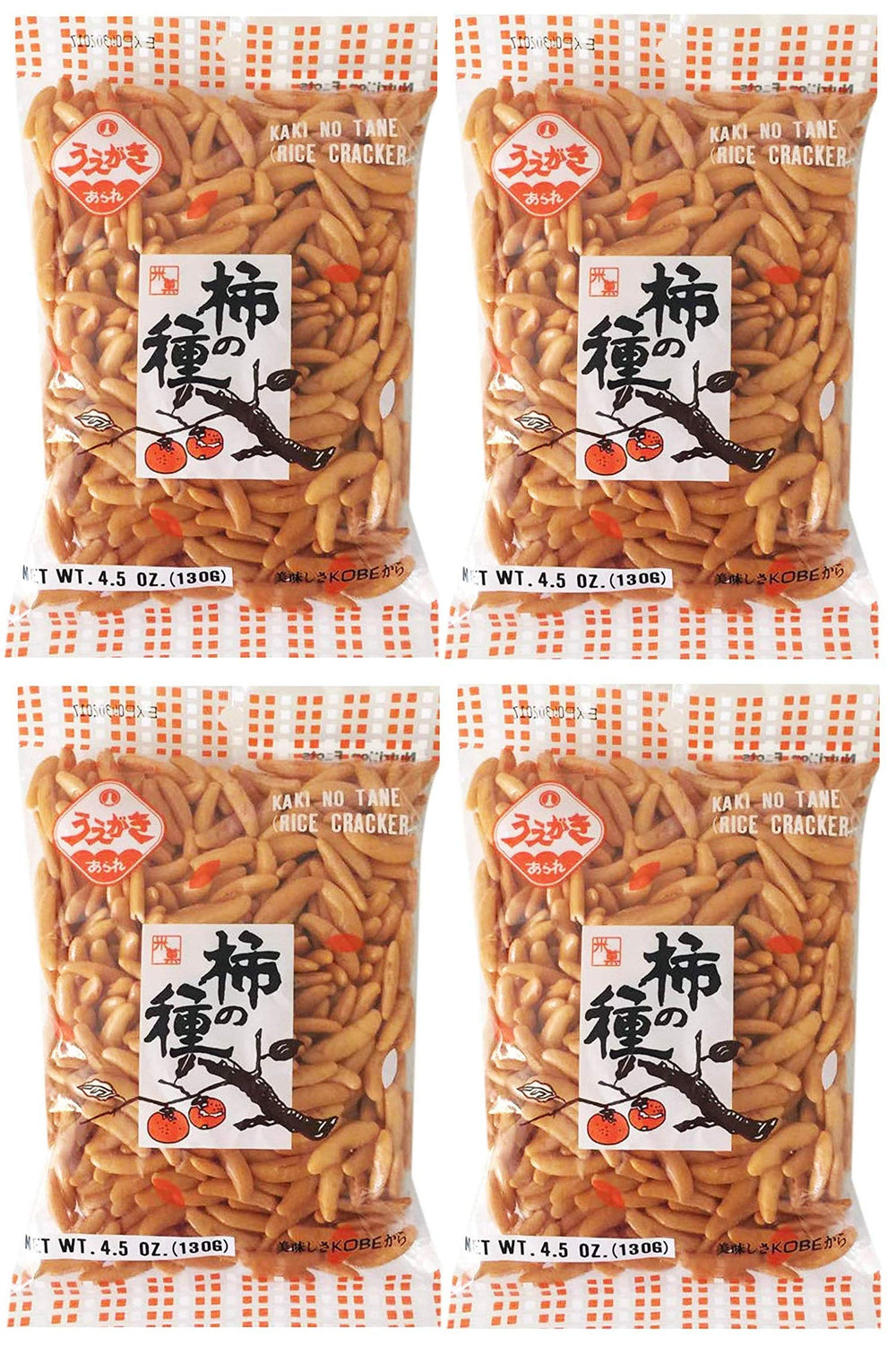 Uegaki paquete frente mostrando 4 porciones, snack crujiente listo para llevar