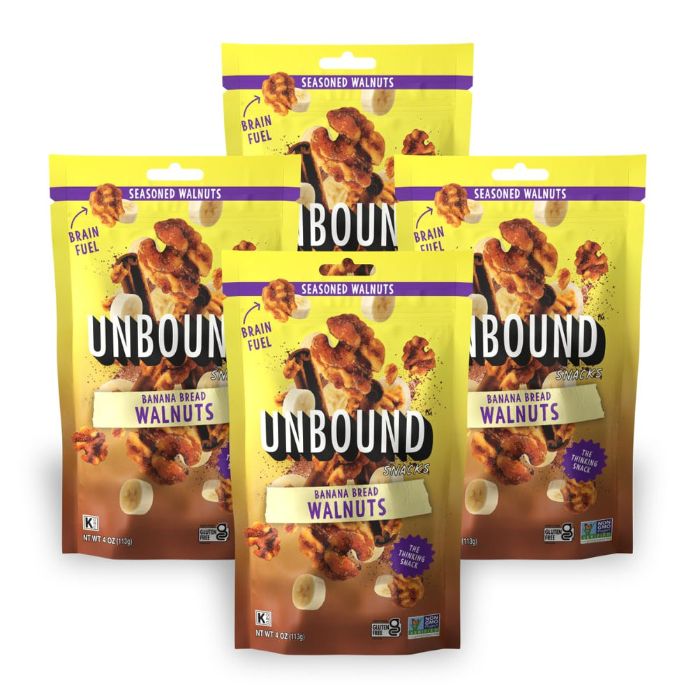 UNBOUND empaque frontal banana bread nueces, snack saludable y práctico