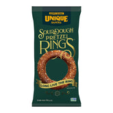 Unique Snacks empaque frontal de anillos de pretzel, vista clara y apetecible