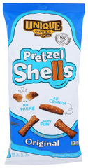 Unique Snacks bolsa frente mostrando pretzels crujientes y listos para consumir
