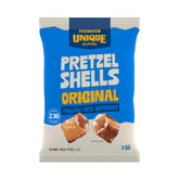 Unique Snacks paquete frontal con pretzel shells, ideal para snacks rápidos