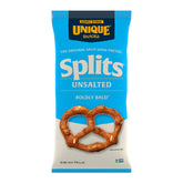 Unique Snacks frente del empaque mostrando pretzels y sello bajo sodio