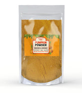 Unpretentious envase frontal del polvo de calabaza, etiqueta visible y práctica