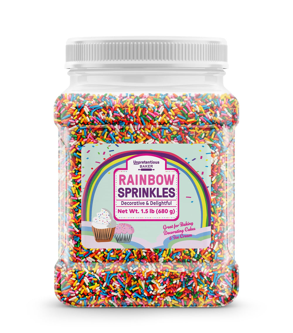 Unpretentious envase frontal de Rainbow Jimmy Sprinkles mostrando capacidad y etiqueta