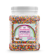 Unpretentious envase frontal de Rainbow Jimmy Sprinkles mostrando capacidad y etiqueta