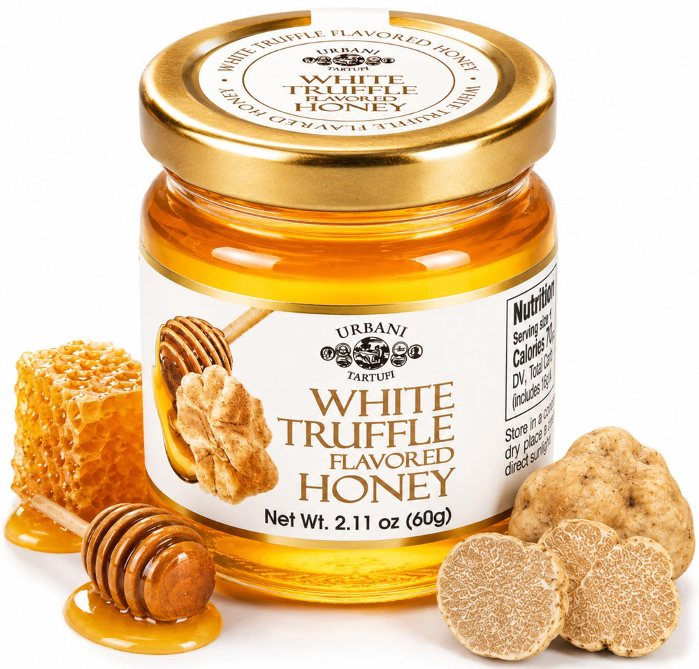 Urbani Truffles frasco frontal mostrando miel de trufa blanca, apariencia gourmet