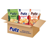 Utz paquete frontal mostrando tres bolsas family size y variedad de sabores, ideal para compartir