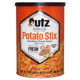 Utz bote frontal 14 oz con palitos de papa BBQ mostrando envase resellable y conveniencia