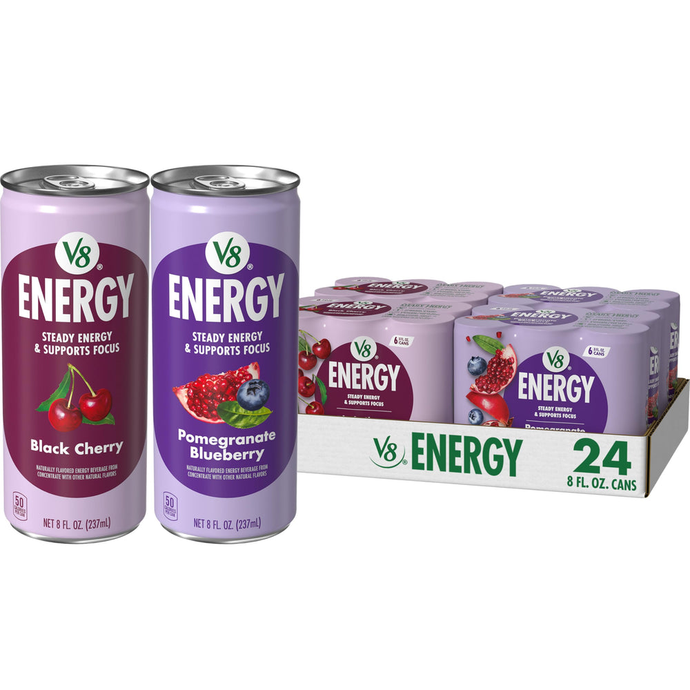 V8 muestra lata Black Cherry, sabor intenso y energía equilibrada